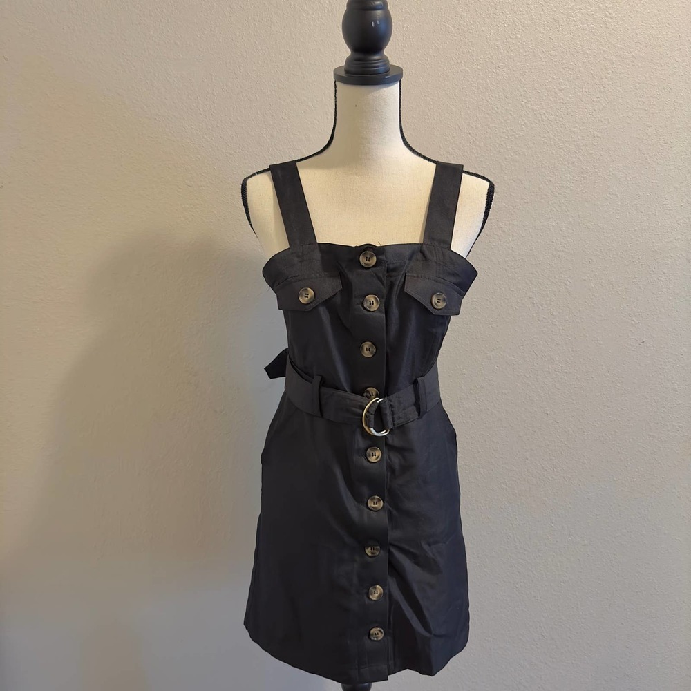 NoteBuk Women’s Sleeveless Overall Button down Dress Black With Belt Size:Small